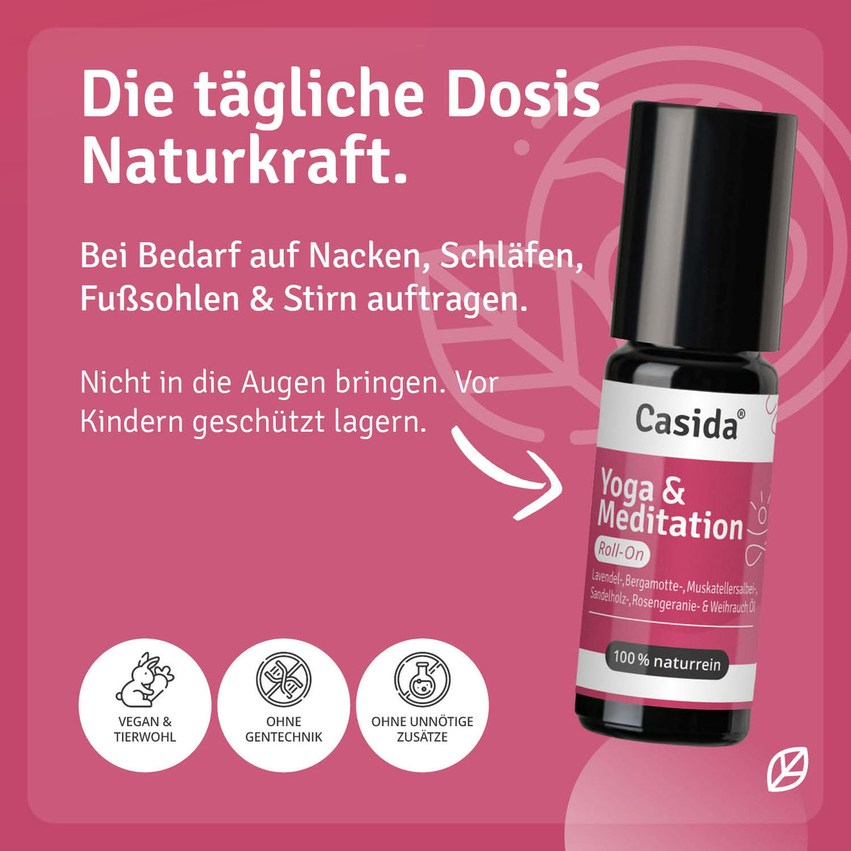 Casida yoga and meditation roll-on bottle with a pink label, placed on a pink background, featuring herbal ingredients.
