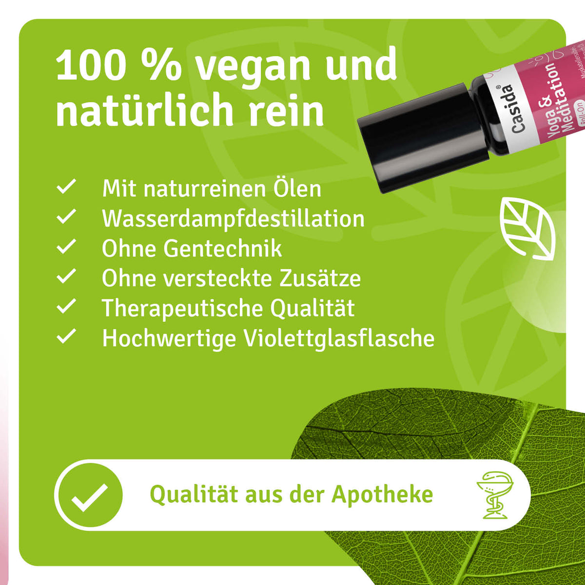 Yoga & meditation roll-on in a violet glass bottle with pink label, featuring natural oil ingredients and vegan certificat...