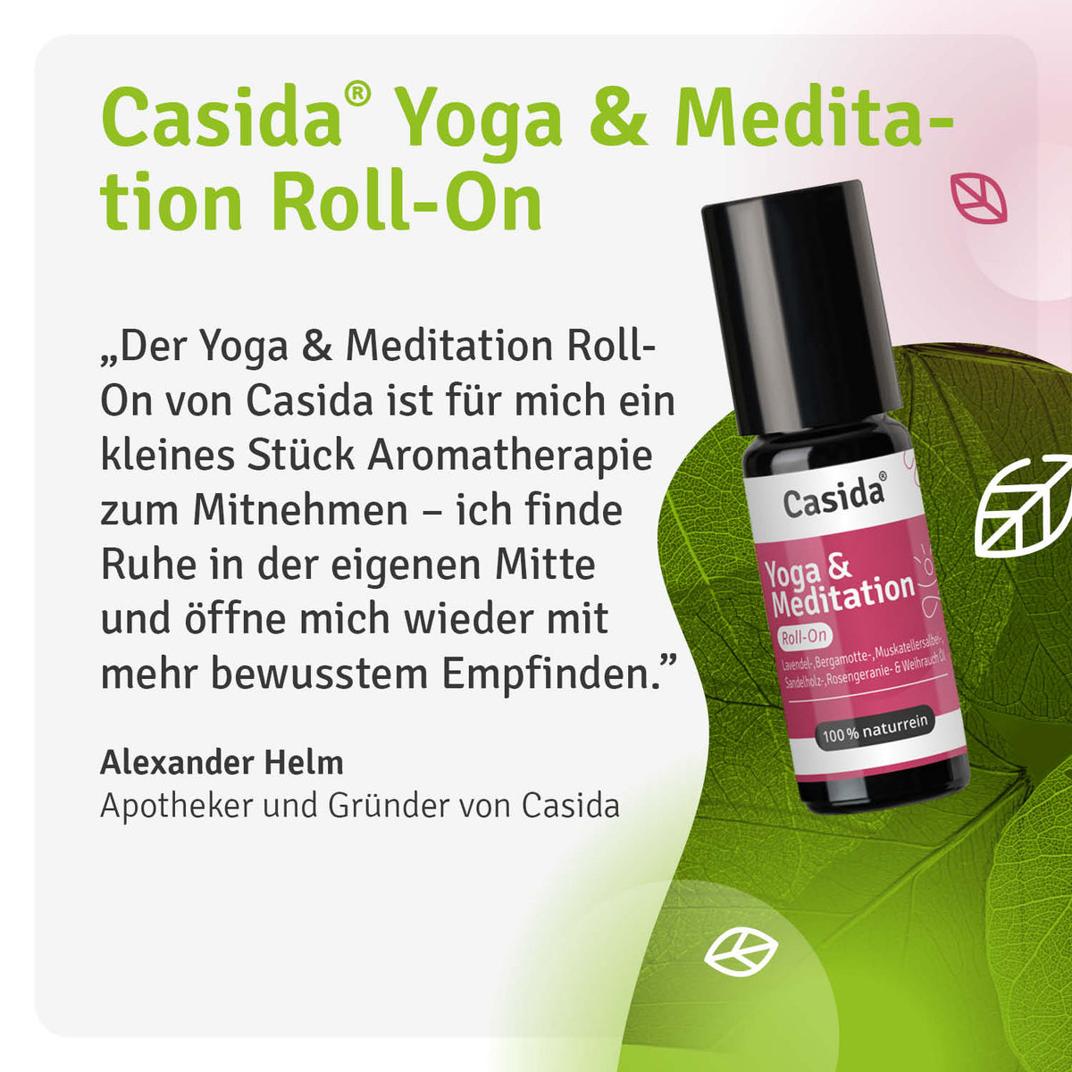 Casida Yoga & Meditation Roll-On bottle with a black cap, featuring green leaves and text on a light background.