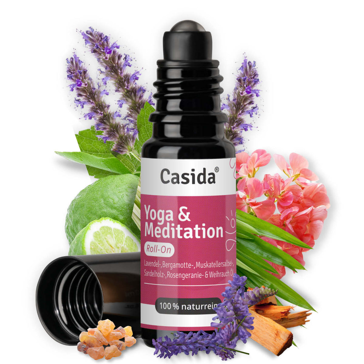 Casida yoga and meditation roll-on with essential oils, featuring a black applicator and floral background elements.