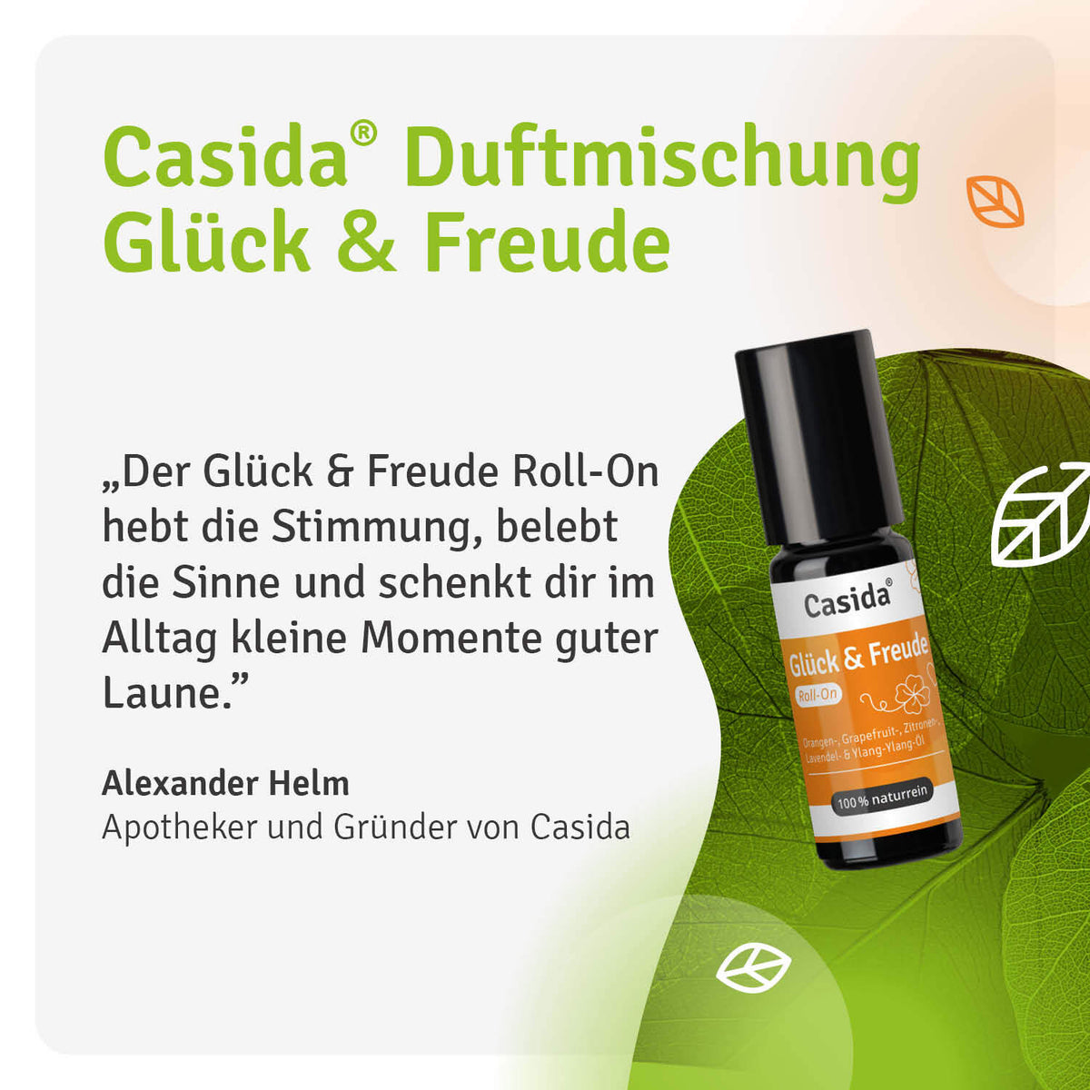 Glück & Freude roll-on with a black cap, featuring a label in green and orange, promoting good mood and well-being.