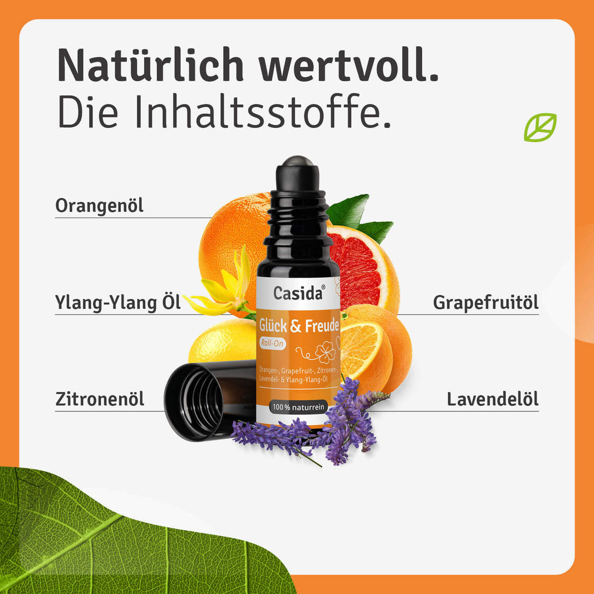 Glück & Freude roll-on bottle with orange, grapefruit, ylang-ylang, and lavender ingredients displayed on a colorful backg...
