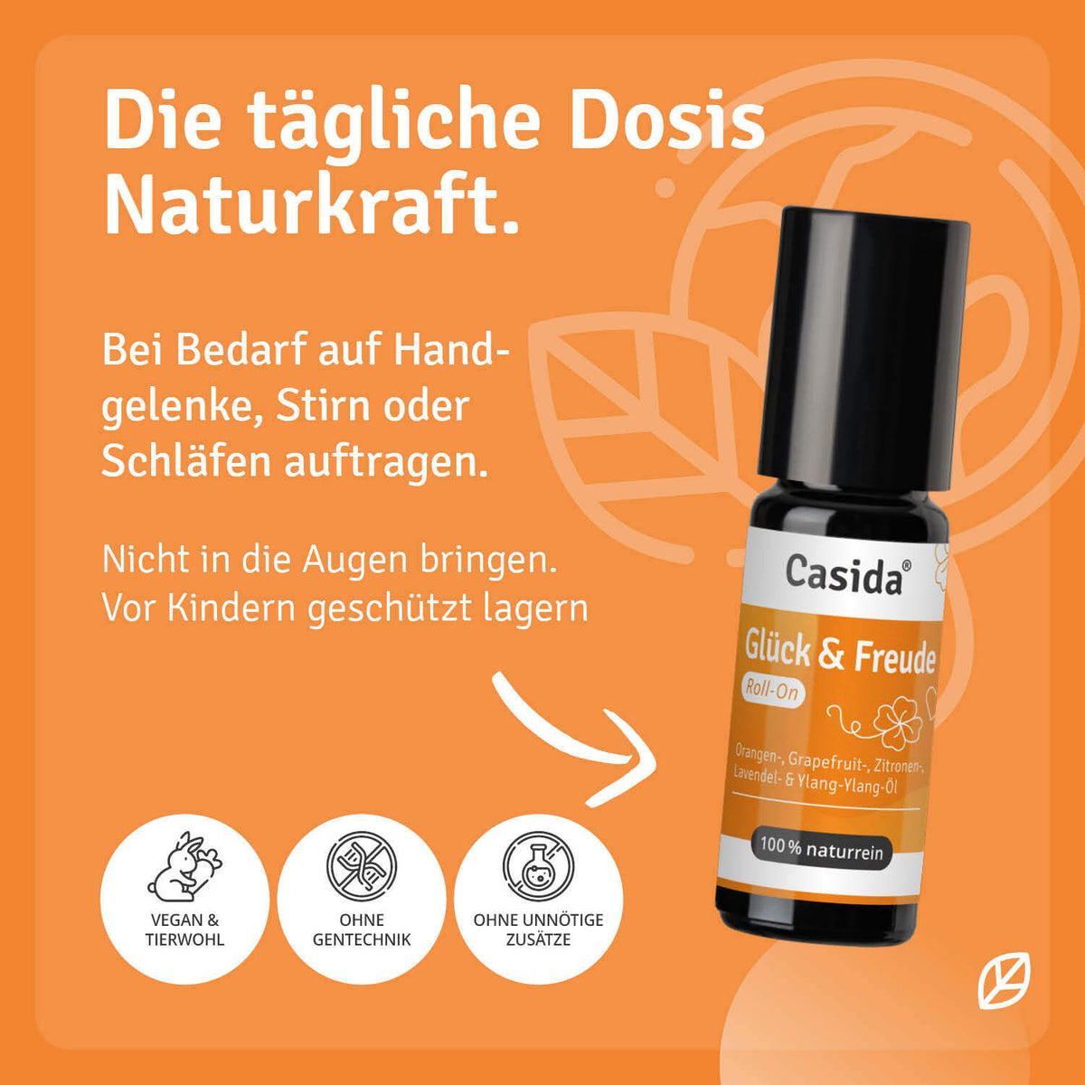 Glück & Freude roll-on for good mood, featuring a black bottle with a label in orange and white, set against a bright back...