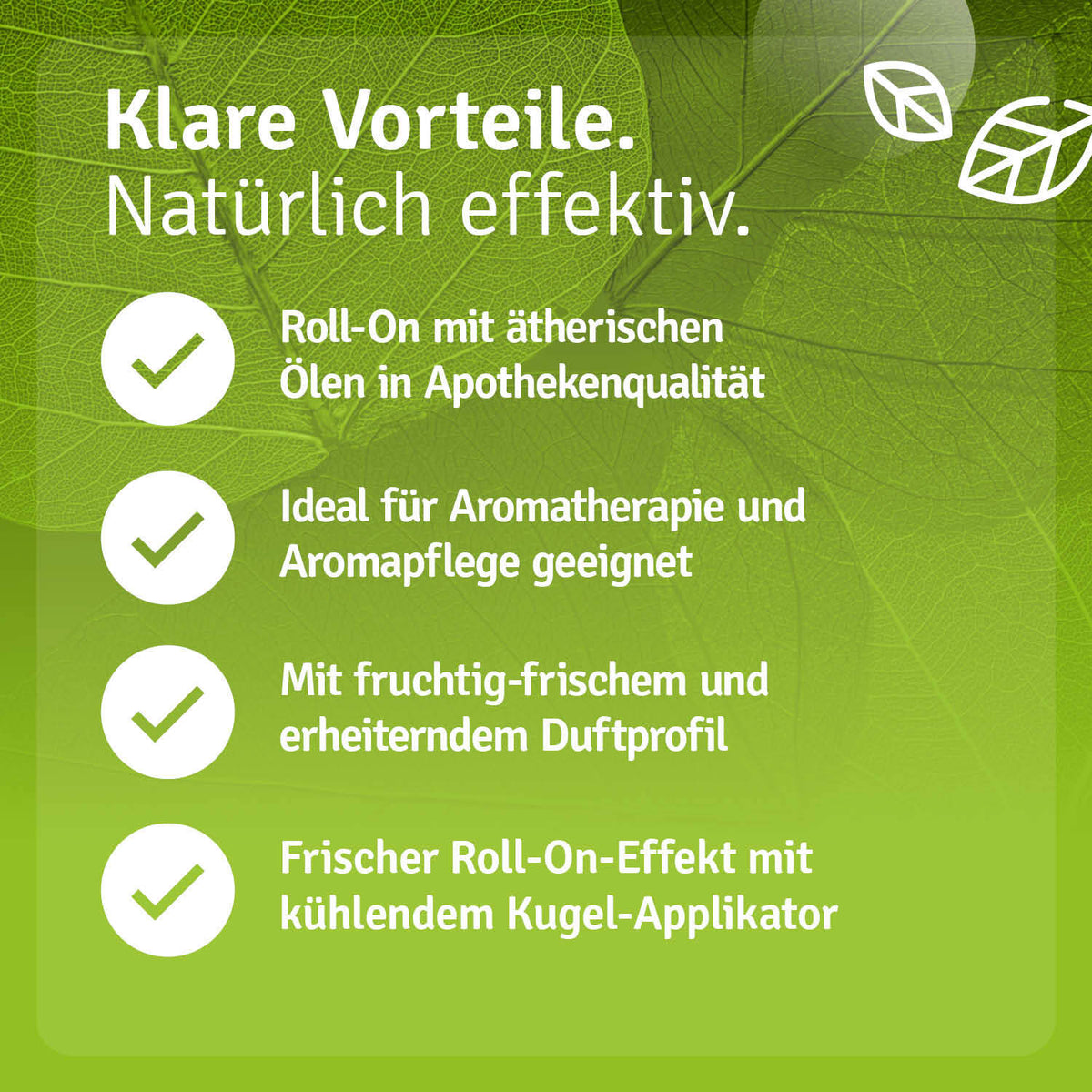 Glück & Freude roll-on for good mood, featuring a green background with text about its benefits and usage.