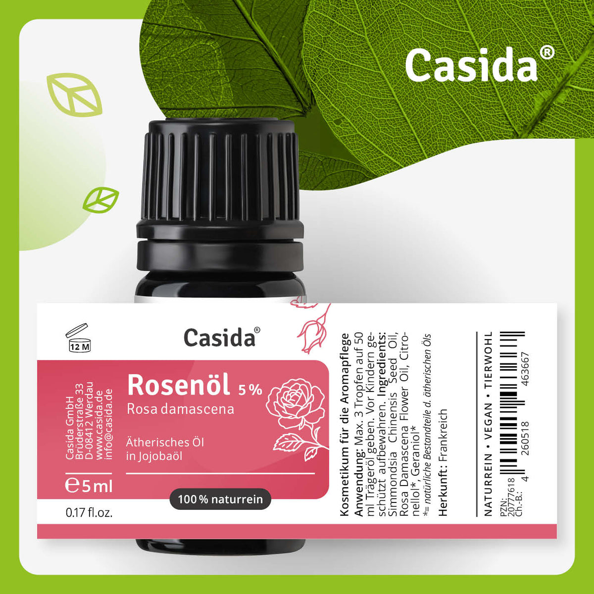 Etikett von Casida Rosenöl 5 % in Jojobaöl, 5 ml, mit Inhaltsstoffen und Anwendungshinweisen