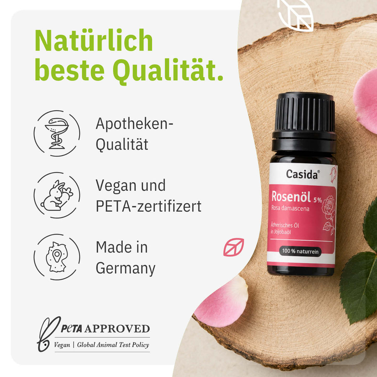 Casida Rosenöl 5 % mit Angaben zu veganer Rezeptur und Herstellung in Deutschland