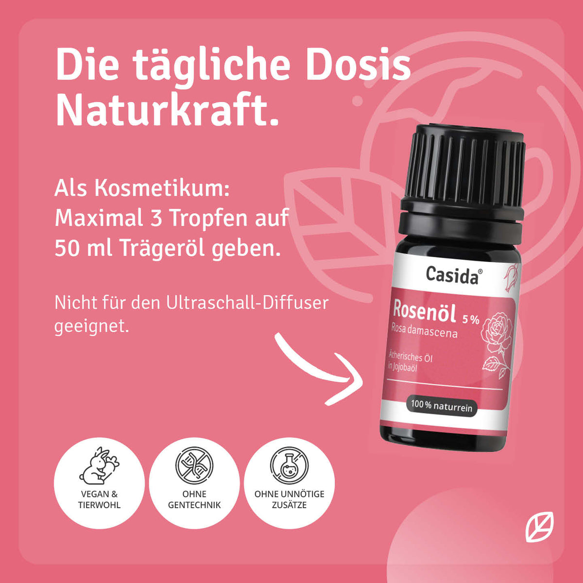 Verdünnungshinweise zu Casida Rosenöl 5 % und Hinweis zur Nichteignung für Ultraschall-Diffuser