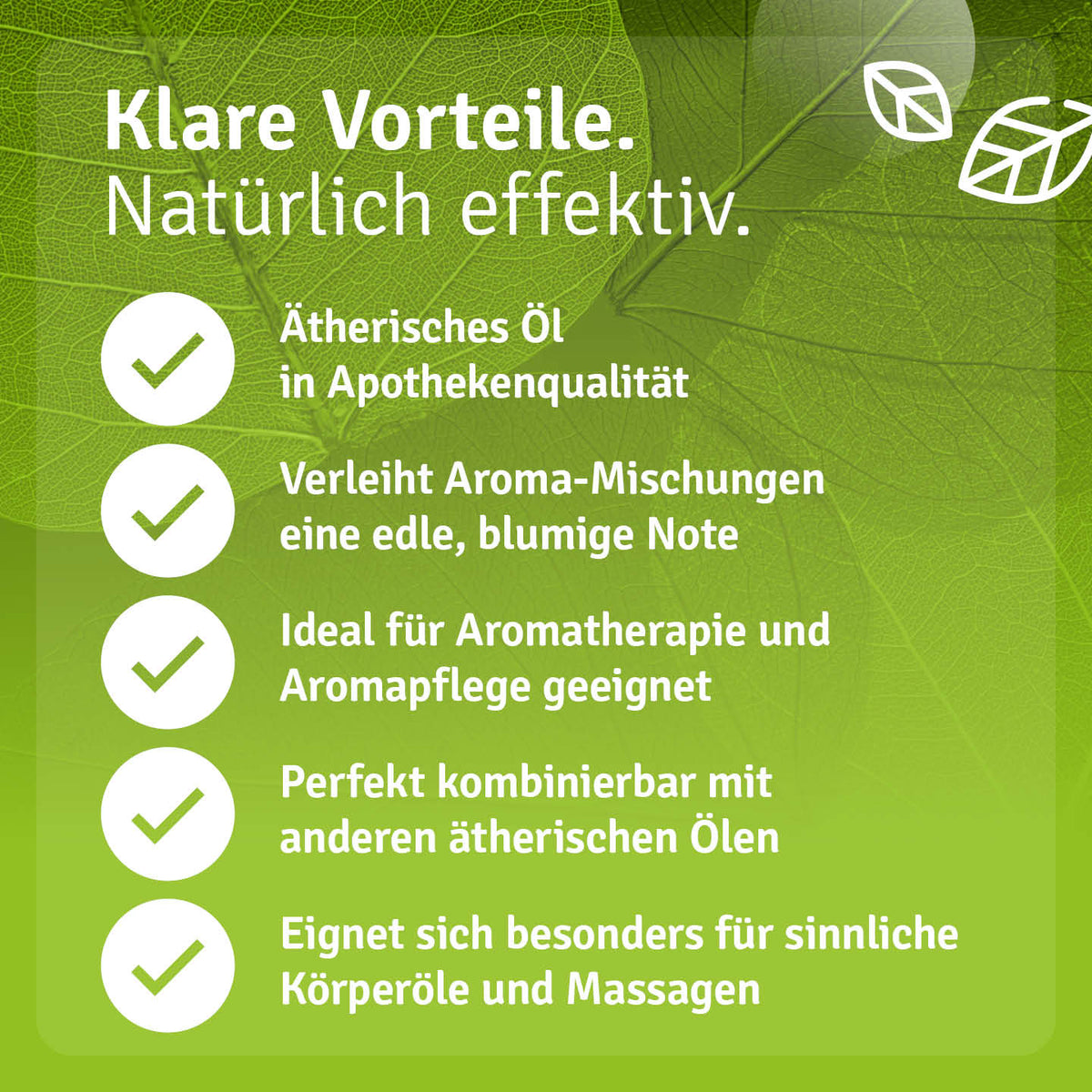 Infografik zu Duft und Verwendung von Casida Rosenöl 5 % in Aromapflege und Körperölen