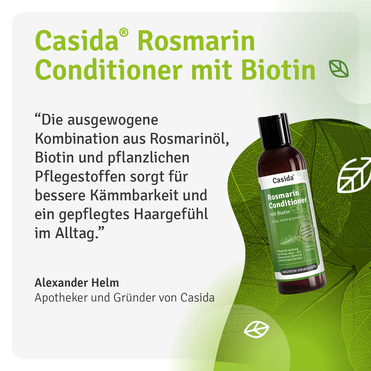 Rosmarin conditioner with biotin in a dark bottle, featuring a green label and text about its benefits.