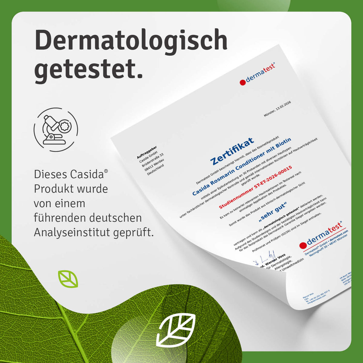 Rosmarin shampoo and conditioner set with biotin, featuring a certification document on a green leaf background.