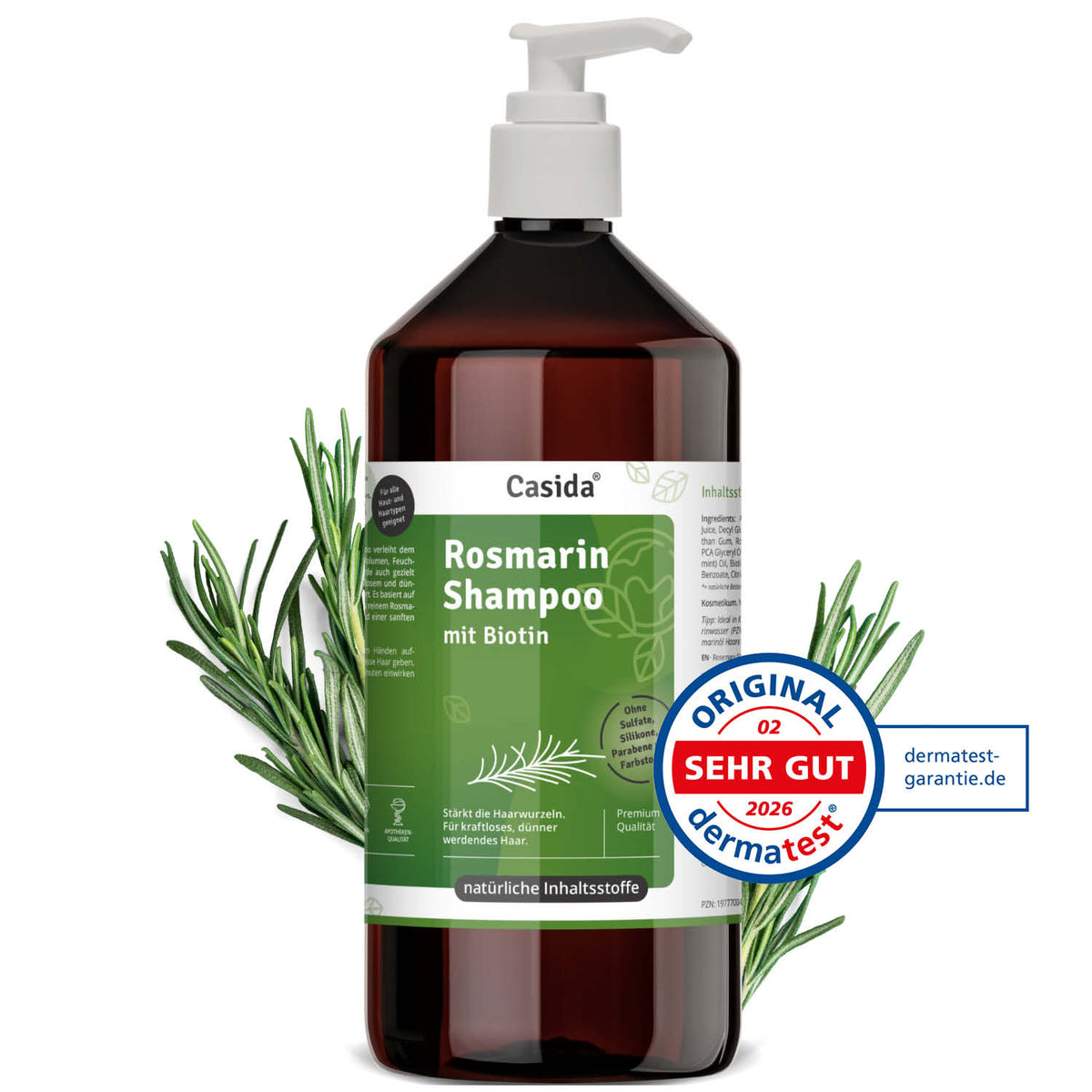 Casida Rosmarin shampoo with biotin in a 1-liter bottle, featuring a green label and rosemary sprigs.