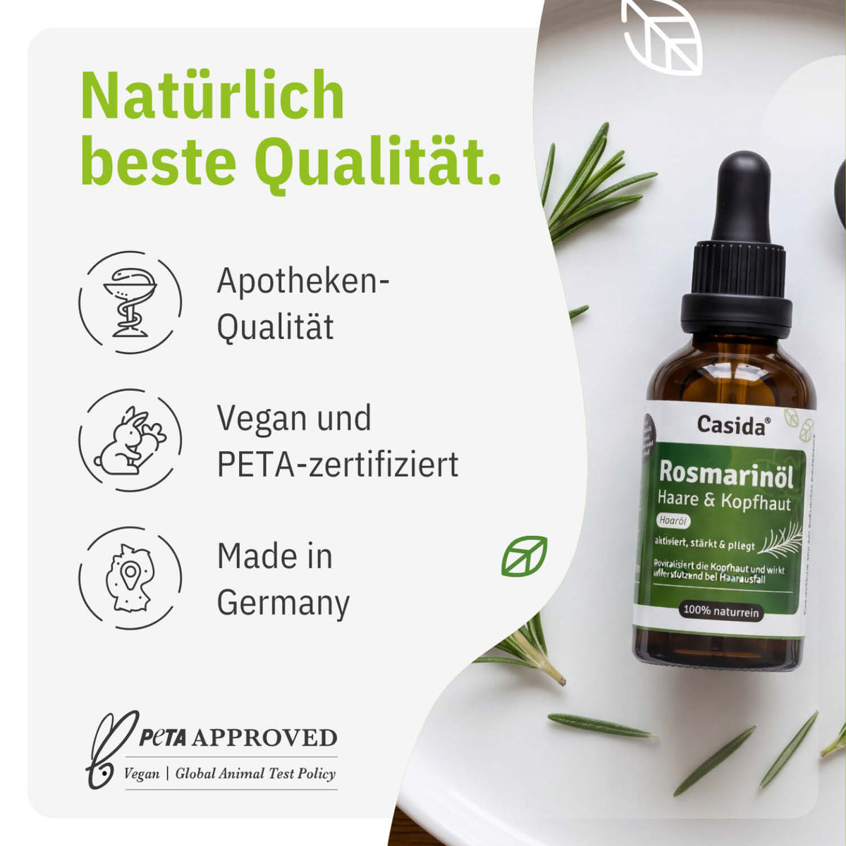 Casida rosmarinöl for hair and scalp in a 50 ml amber dropper bottle with green accents and rosemary background.