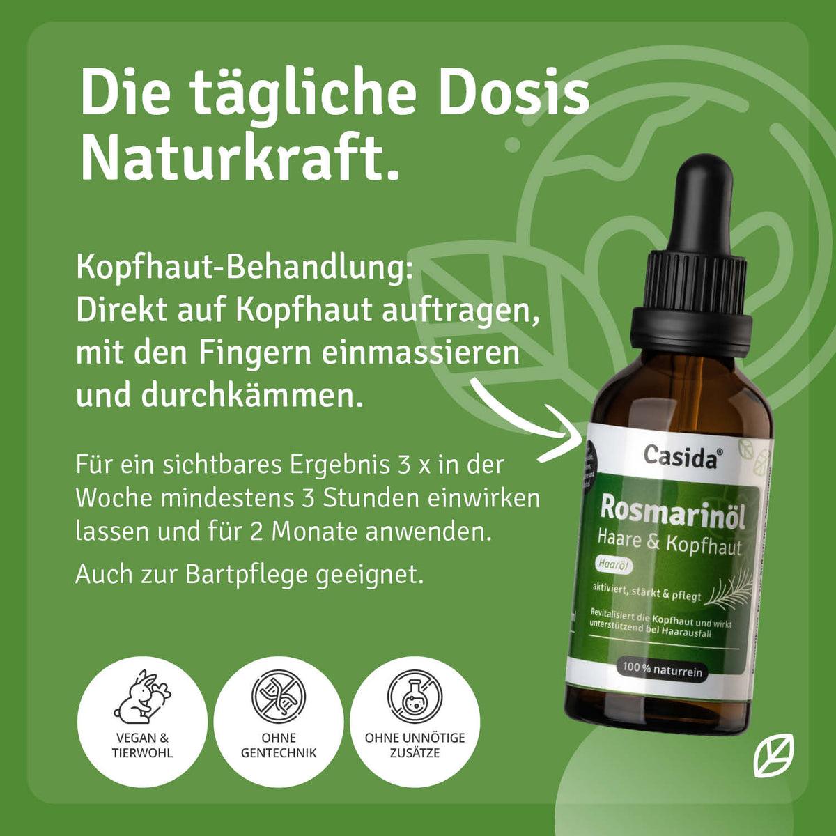 Rosmarinöl für Haare und Kopfhaut in einer braunen Glasflasche mit Pipette, auf grünem Hintergrund.