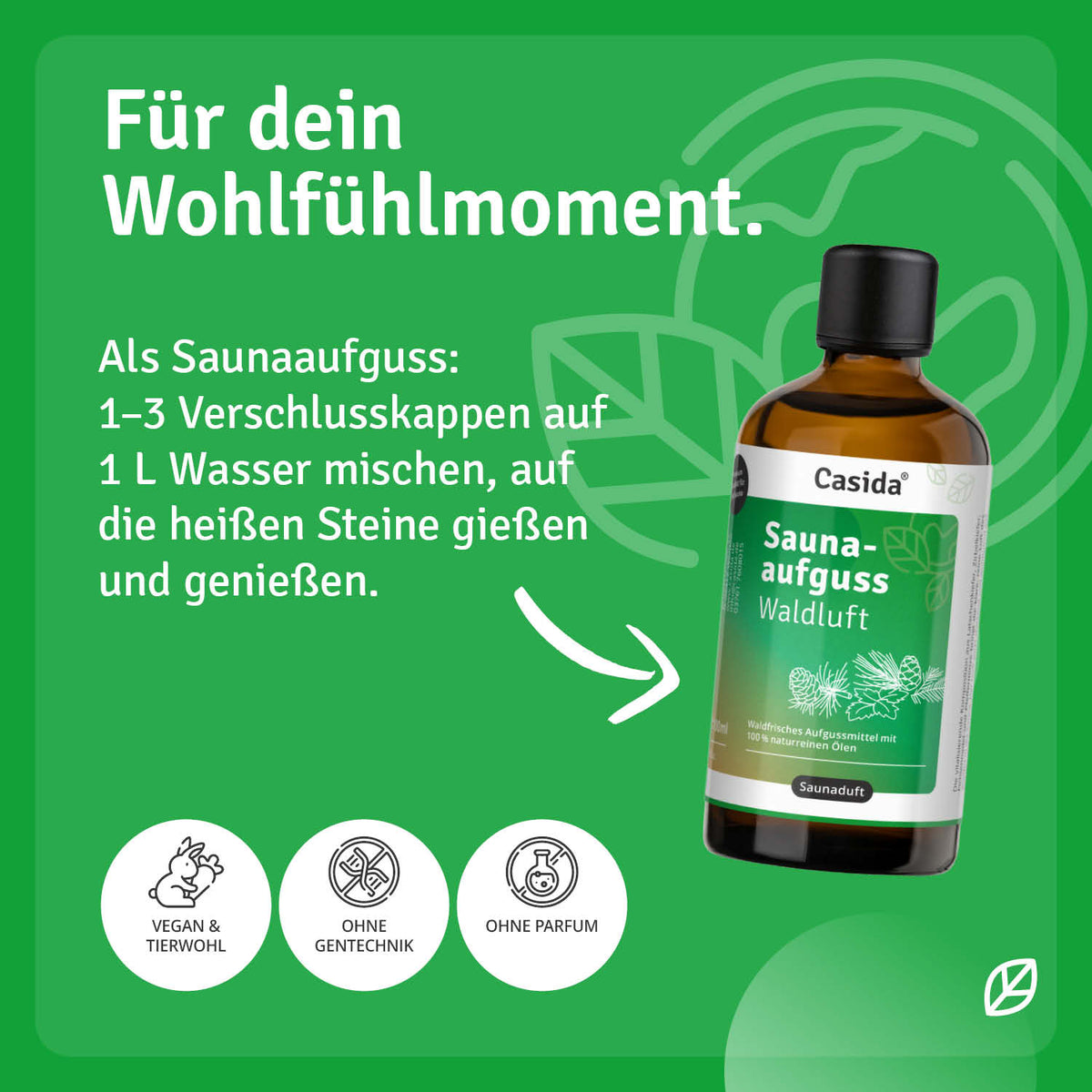 Casida sauna essence Waldluft in a brown bottle with green label, instructions for use, and vegan certification icon.