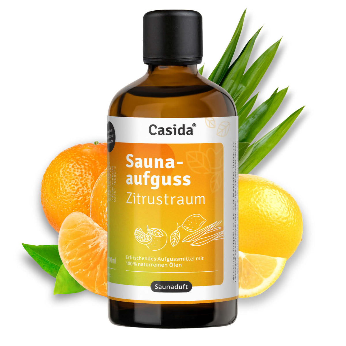 Casida saunaaufguss Zitrustraum bottle with orange and lemon slices, featuring a brown glass design and green plant accents.