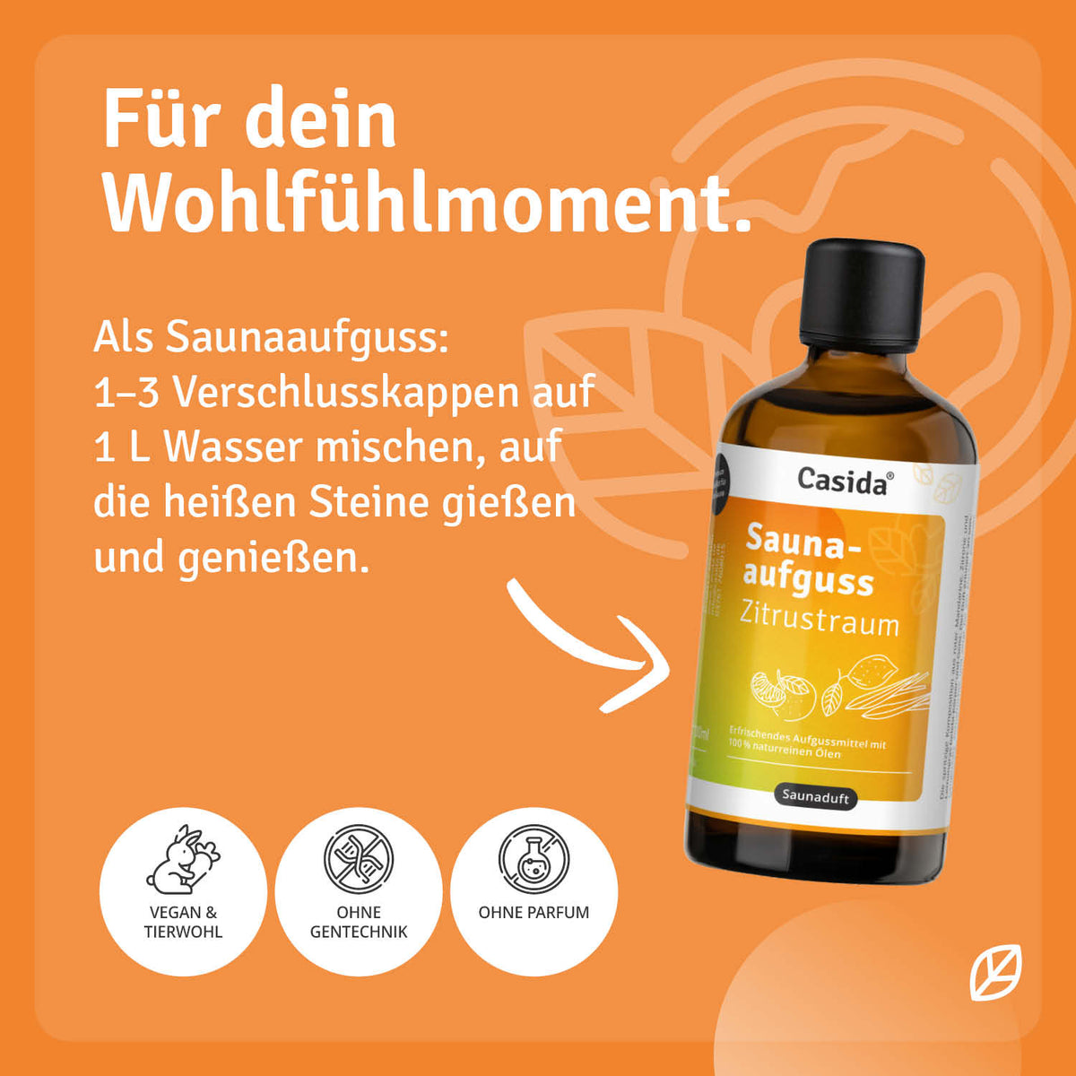Casida saunaaufguss zitrustraum bottle with orange label, featuring instructions and vegan symbols on a bright background.
