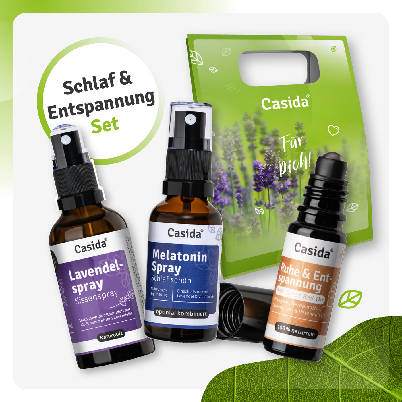 Schlaf & Entspannung set featuring lavender spray, melatonin spray, and relaxation roll-on in a green bag.
