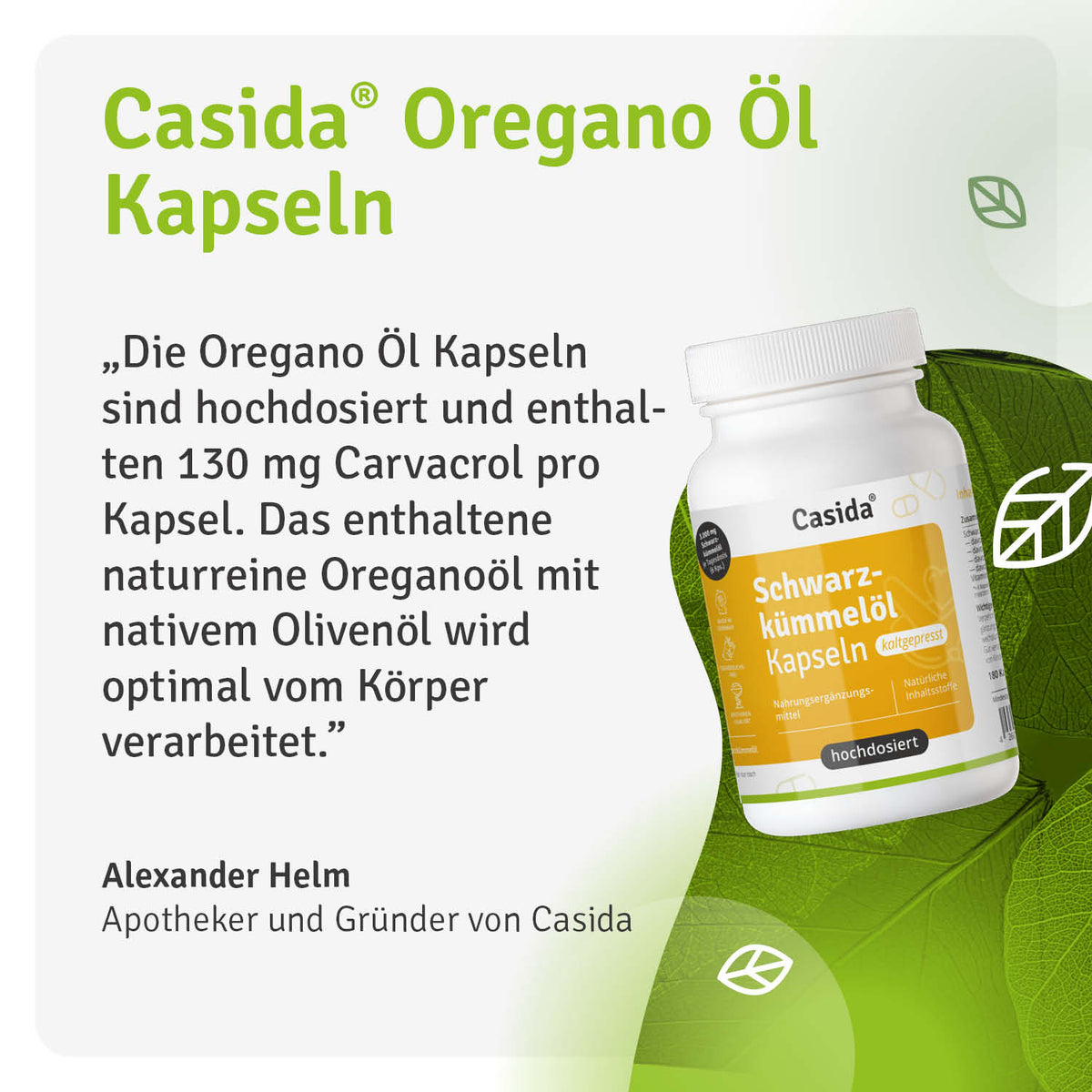 Casida Pollenzeit Adé Set capsules in a white bottle with a yellow label, featuring herbal graphics and product details.