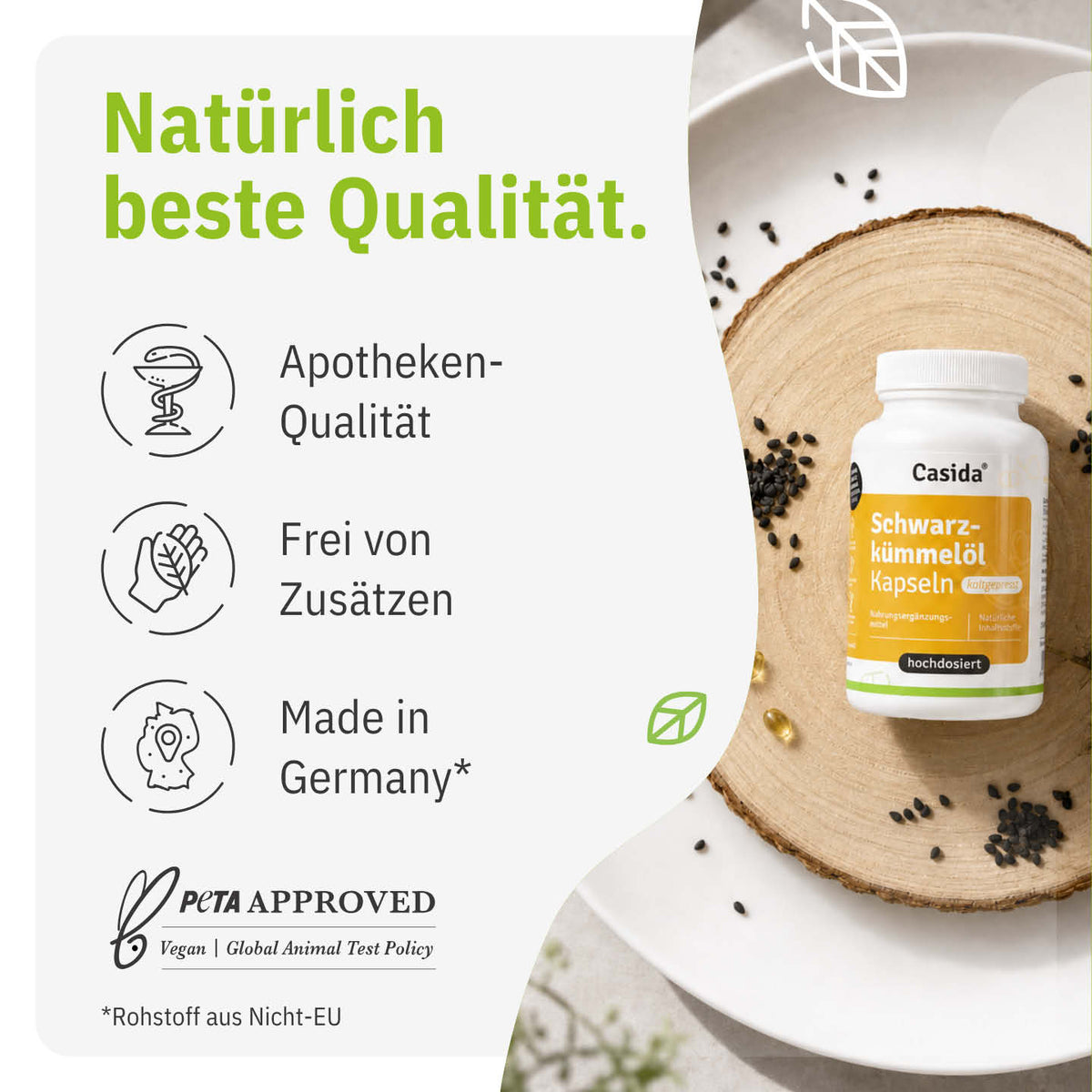 Casida Schwarzkümmelöl Kapseln mit Schwarzkümmelsamen und Angaben zu Herstellung und Zusammensetzung