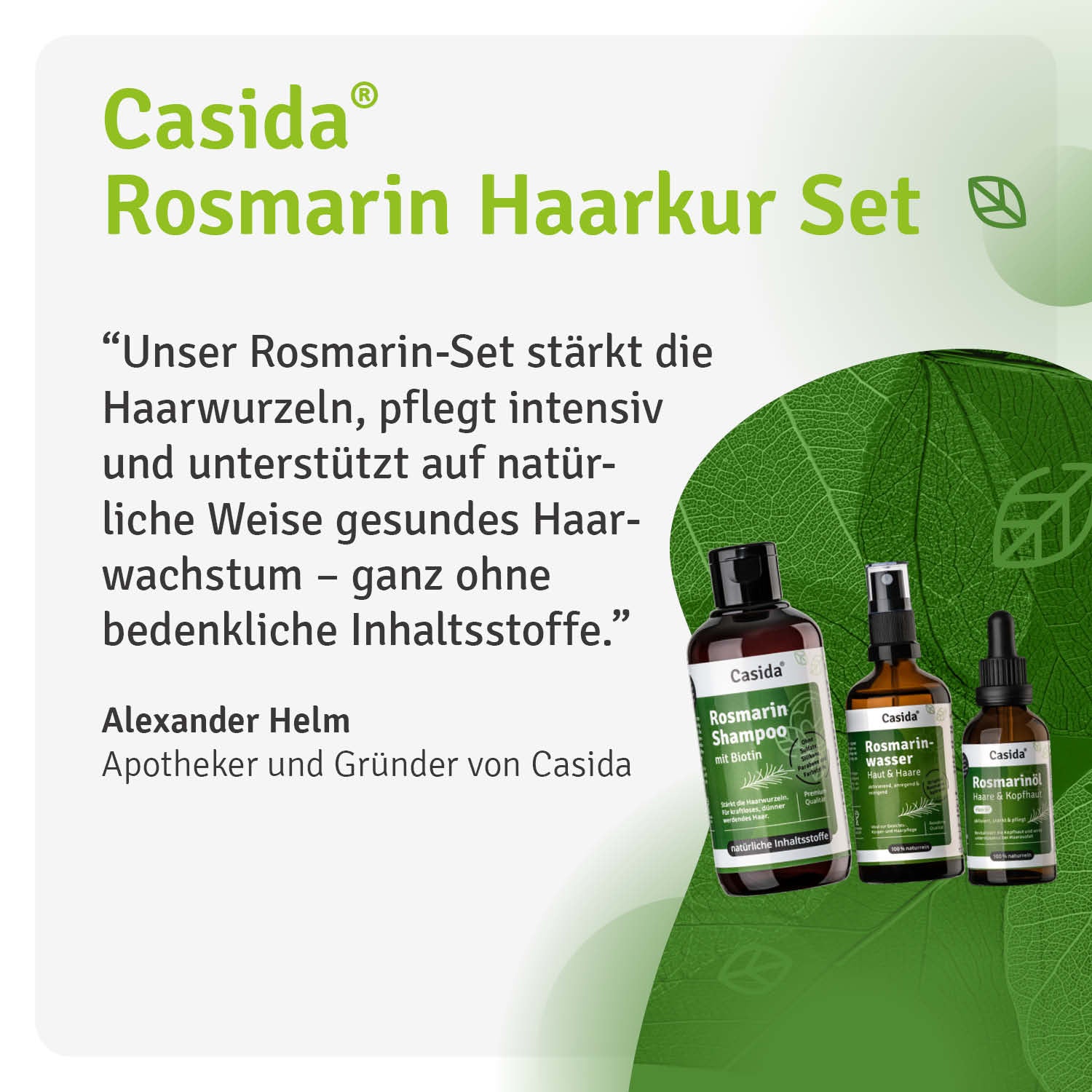 Casida Rosmarin Haarkur set featuring shampoo, conditioner, and hair water in green and brown bottles on a white background.