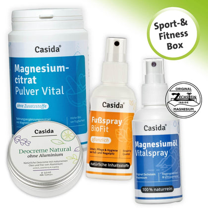 Sport & Fitness Box Magnesiumcitrat Pulver Vital Fußspray BioFit Magnesiumöl Vitalspray Deocreme Natural