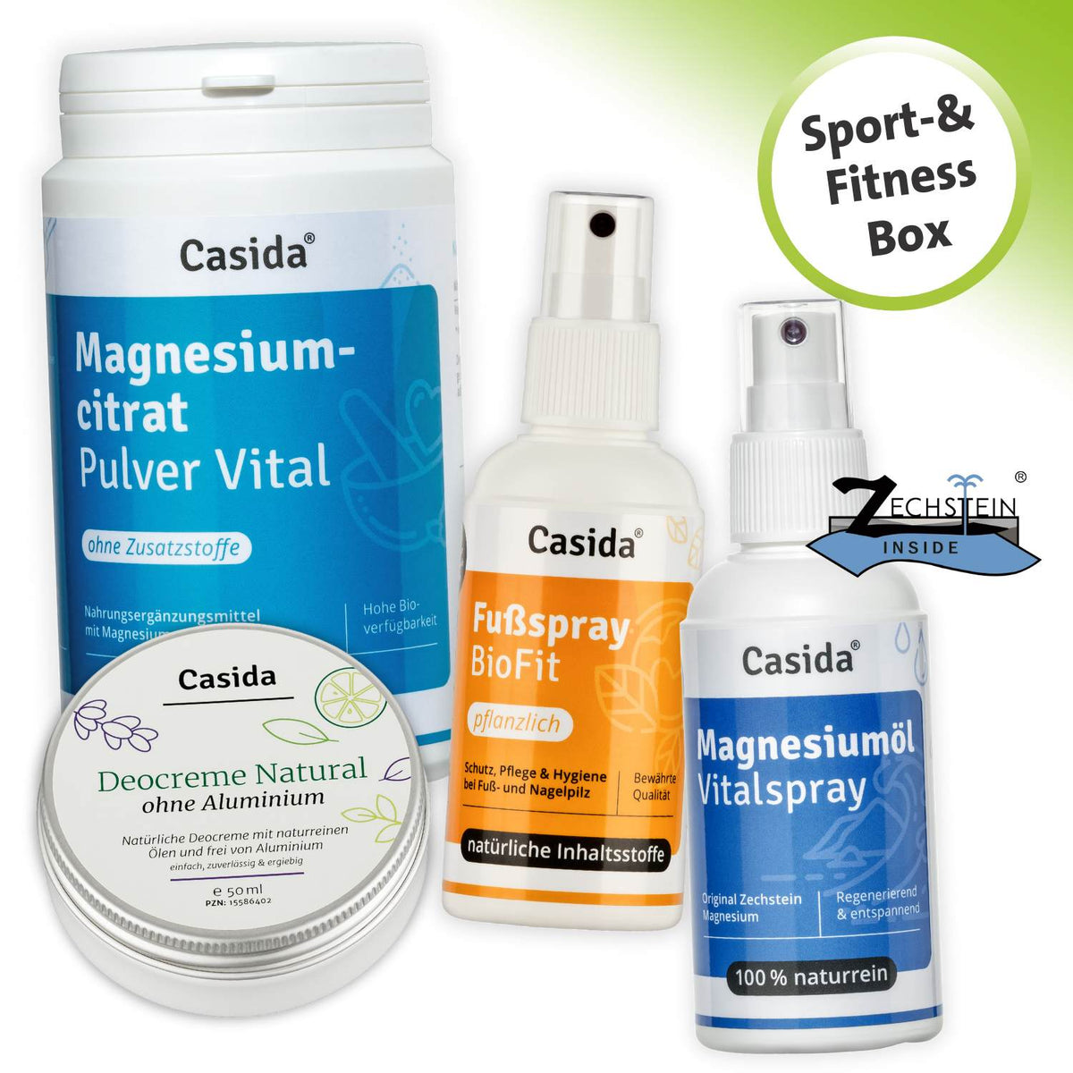 Sport & Fitness Box Magnesiumcitrat Pulver Vital Fußspray BioFit Magnesiumöl Vitalspray Deocreme Natural