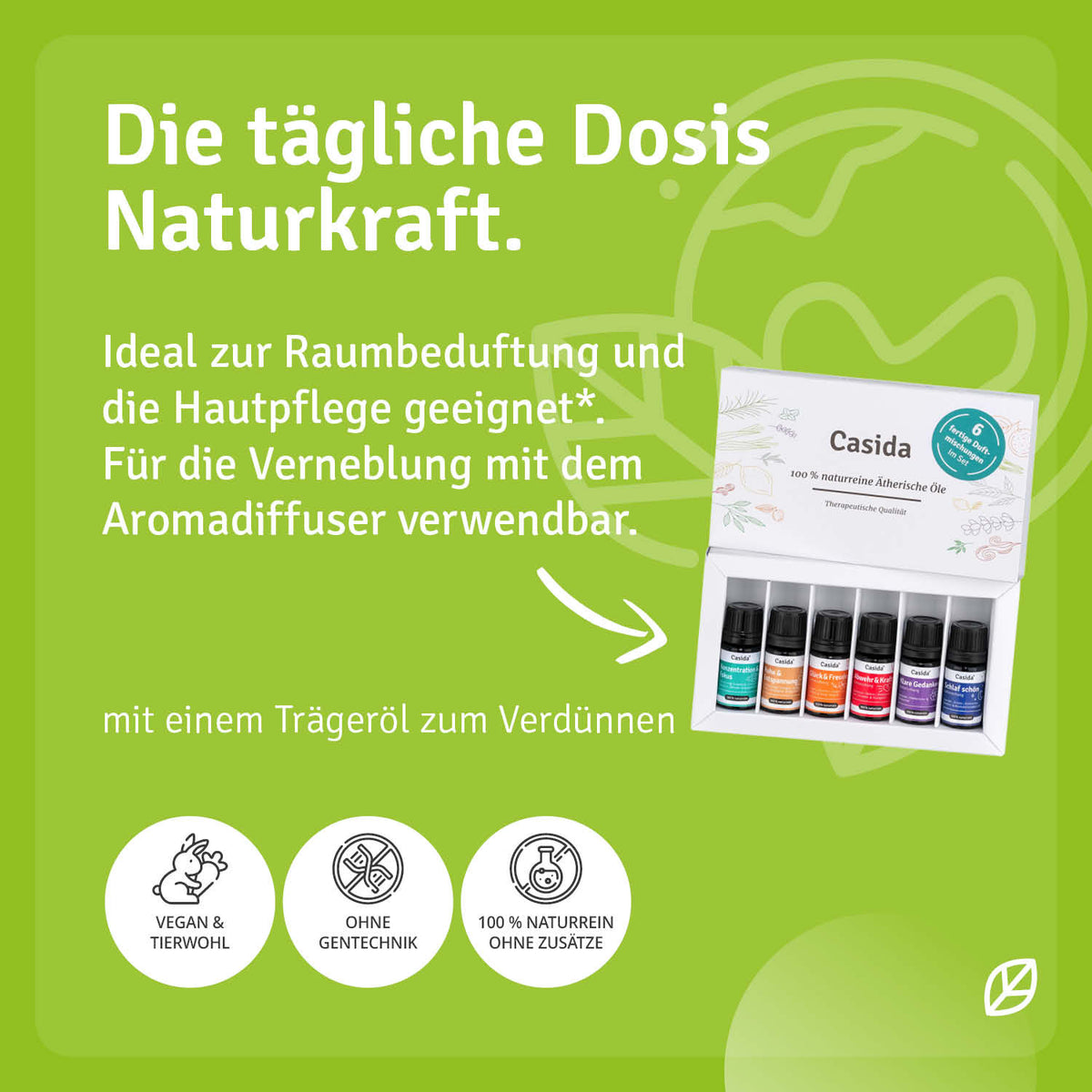 Keramik aroma diffuser set with six essential oil blends, featuring colorful bottles and a green background.