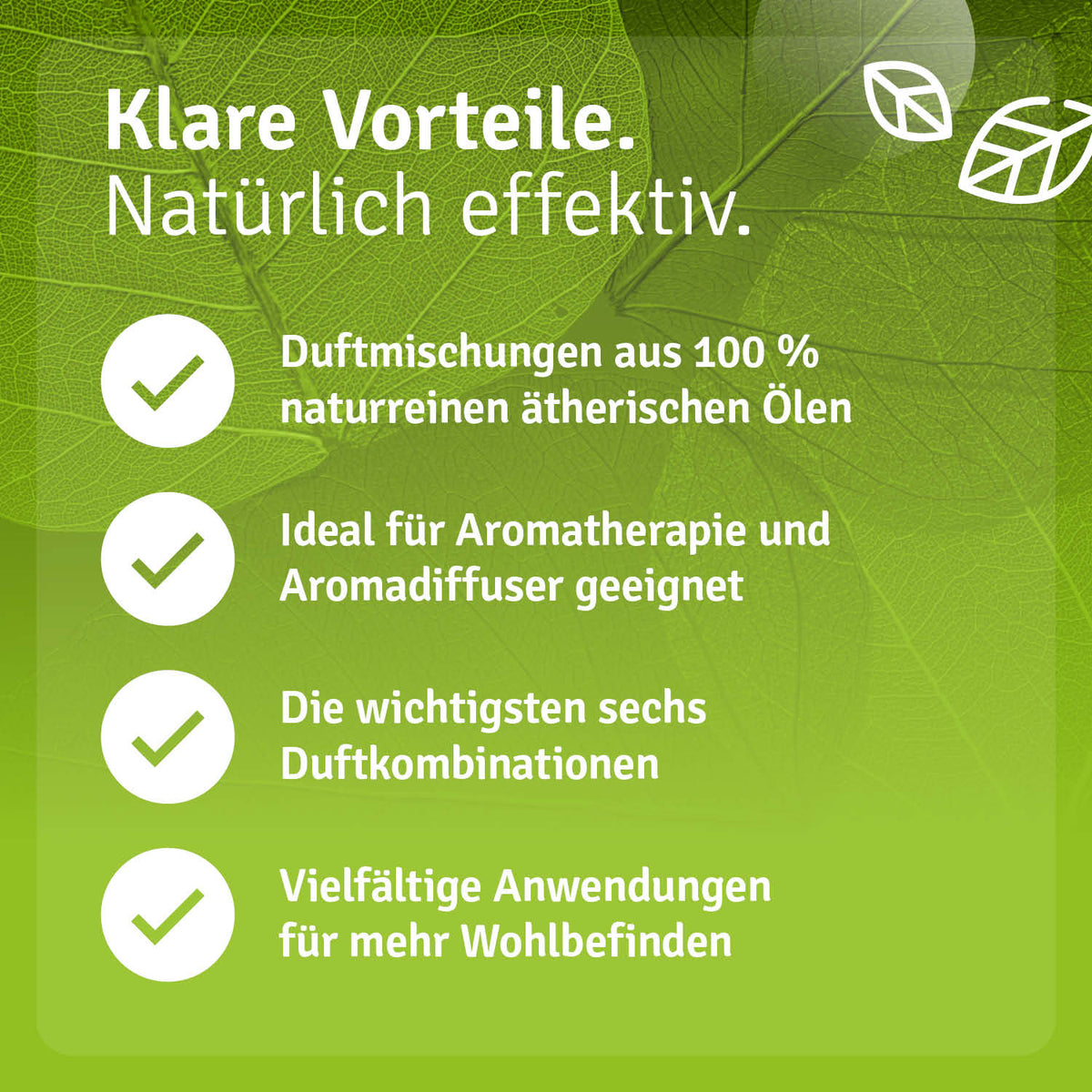 Keramik aroma diffuser set with six 5ml essential oil blends, featuring green leaf graphics and clear benefits listed.