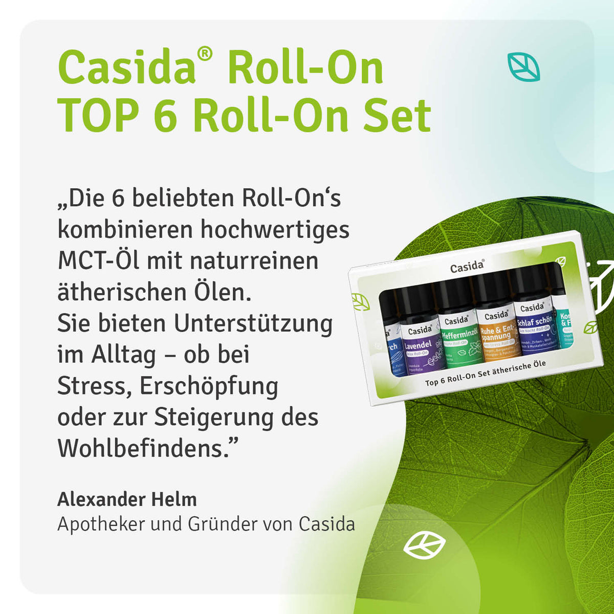 Casida Top 6 roll-on set featuring six 10 ml bottles with essential oils, displayed in a compact box with a green background.