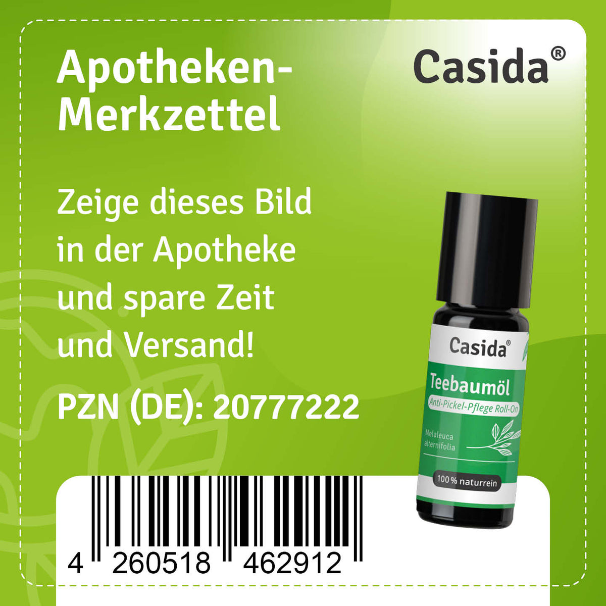 Apotheken-Merkzettel für Casida Teebaumöl Roll-On, PZN 20777222