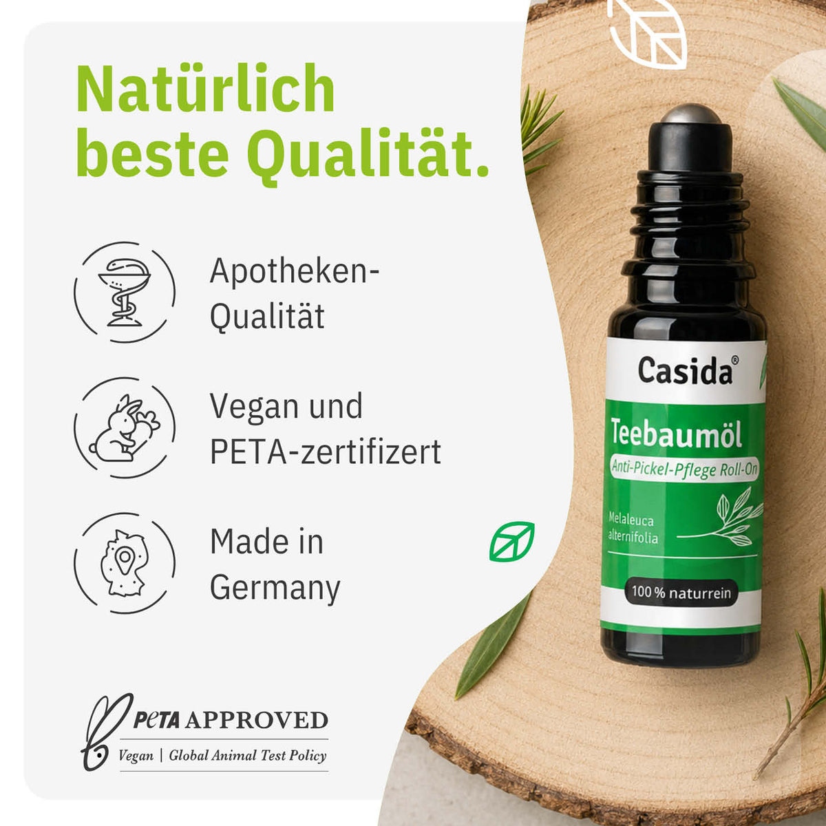 Casida Teebaumöl Roll-On mit Angaben zu veganer Rezeptur und Herstellung in Deutschland