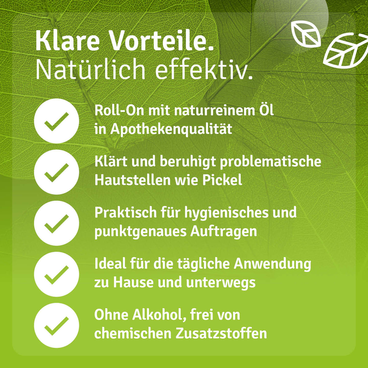 Infografik zu Casida Teebaumöl Roll-On mit Angaben zur punktuellen Pflege unreiner Haut