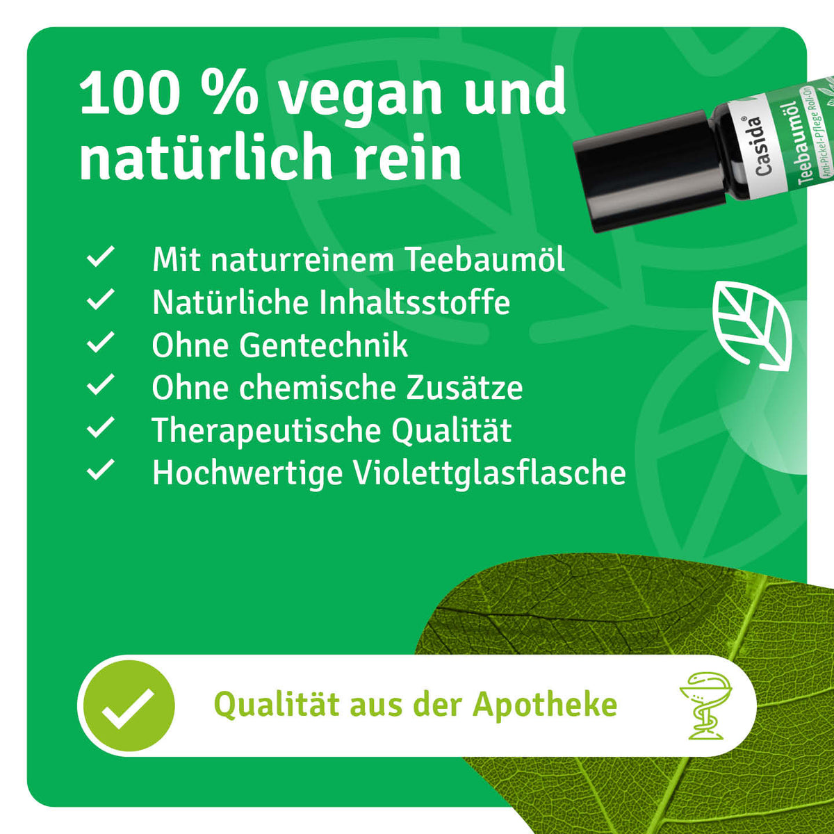 Casida Teebaumöl Roll-On mit Angaben zur veganen Zusammensetzung und Violettglasflasche