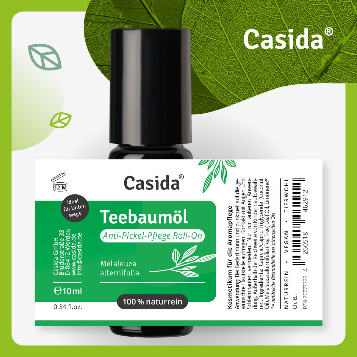 Etikett von Casida Teebaumöl Anti-Pickel-Pflege Roll-On, 10 ml, mit Inhaltsstoffen