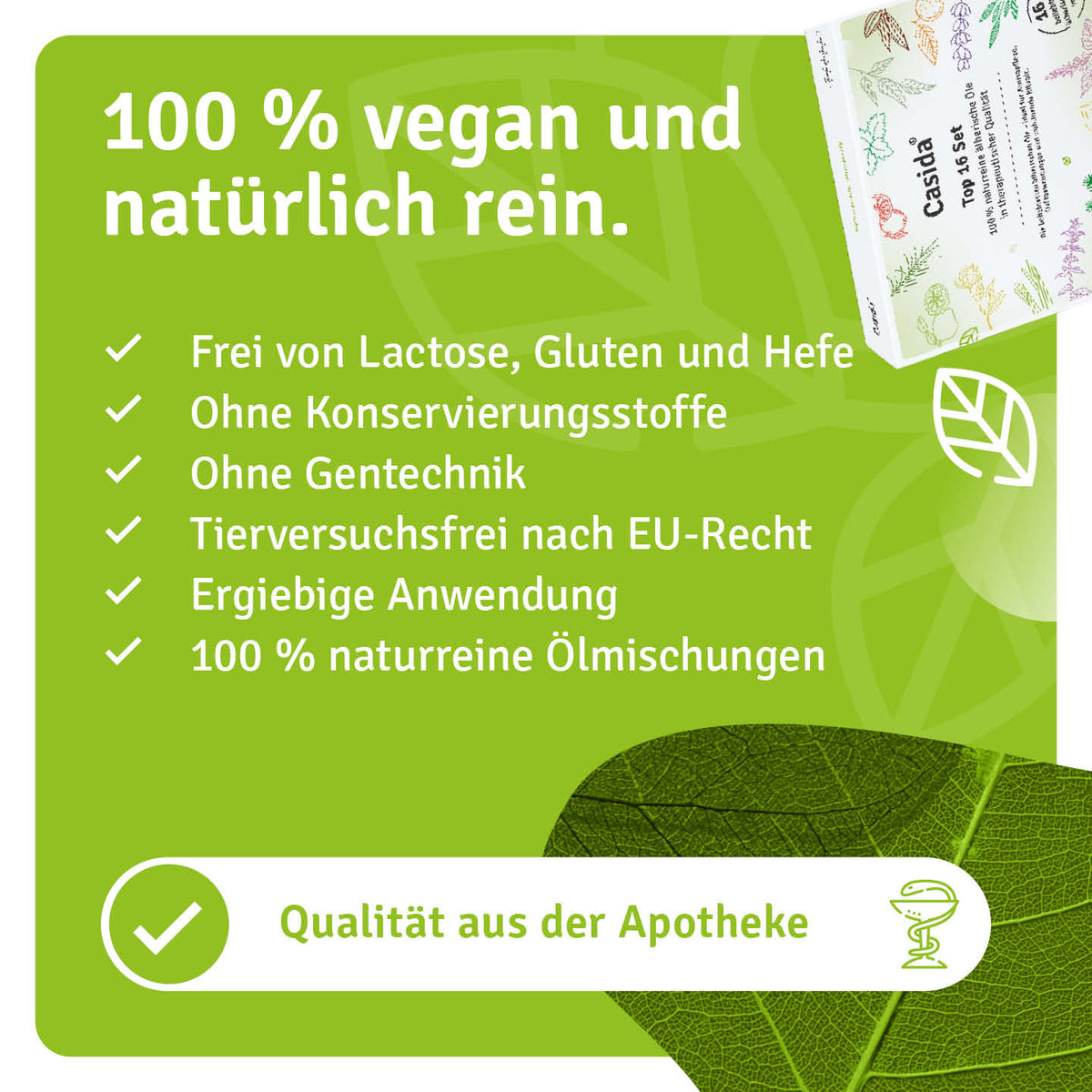 TOP 16 ätherische Öle set displayed with green background, featuring vegan and natural product information.