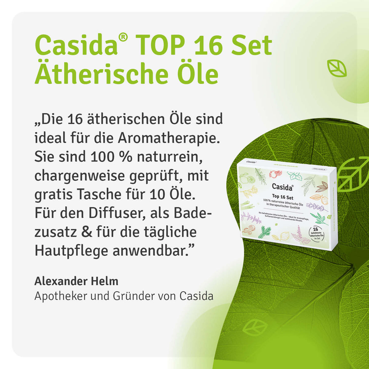 Casida Top 16 ätherische Öle Set with a white box featuring green leaf designs and text about aromatherapy benefits.