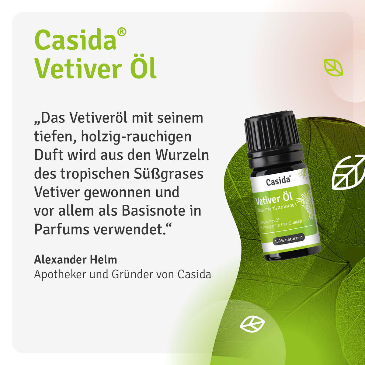 Casida Vetiver Öl in a black bottle with a green label, featuring tropical vetiver grass and leaf graphics.