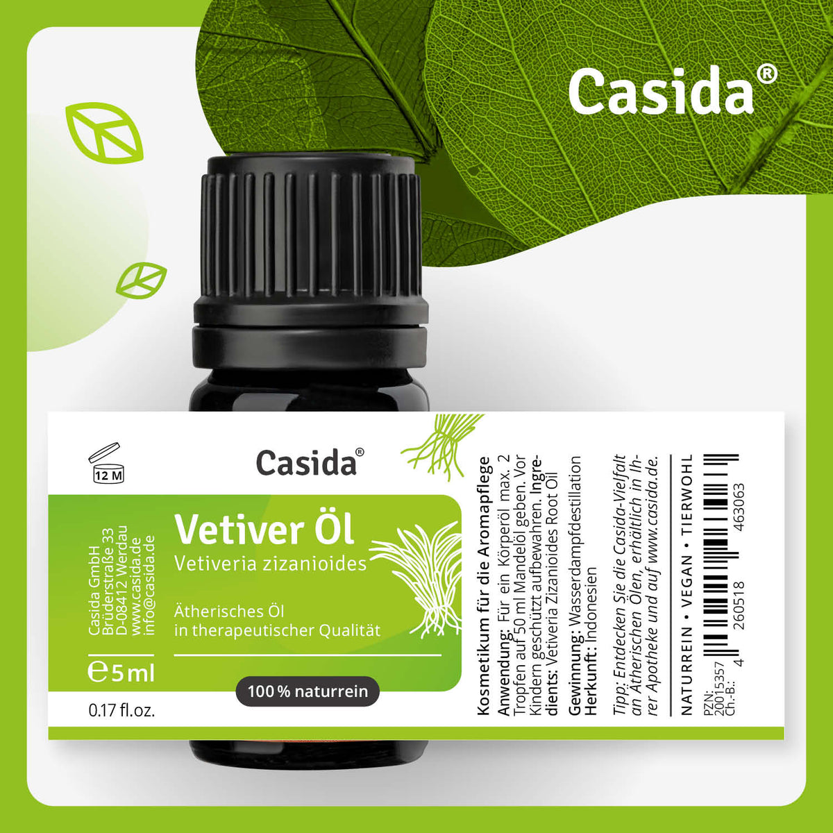 Casida vetiver oil bottle with a black cap, 5ml size, featuring green leaf design and product information label.