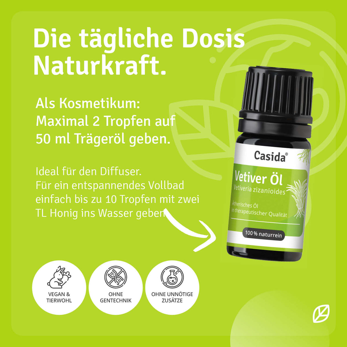 Casida vetiver oil bottle with a green label, black cap, and dosage instructions on a bright green background.