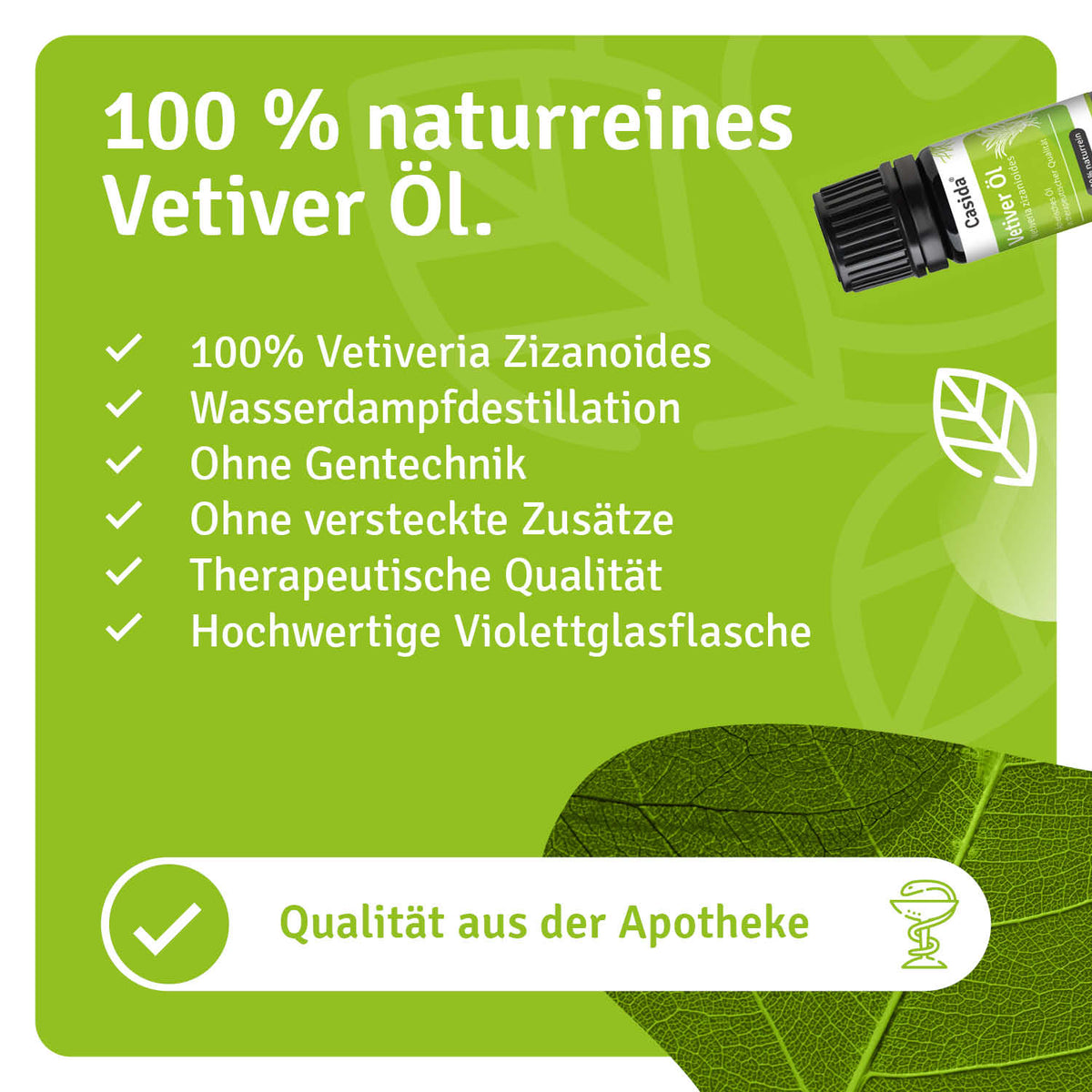 100% pure vetiver oil in a green bottle with a black cap, featuring a label with product details and leaf graphics.