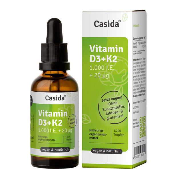 Casida Vitamin D3 + K2 drops in a 50 ml amber glass bottle with a dropper and a green and white labeled box.