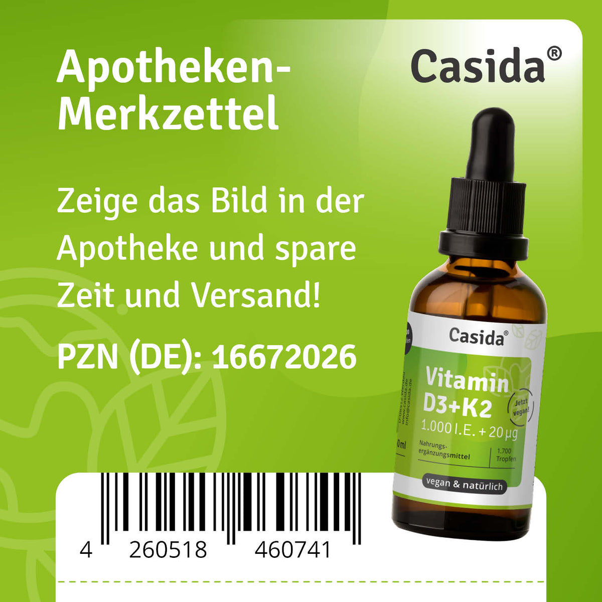 Casida Vitamin D3 + K2 drops in a 50 ml amber glass bottle with a dropper, featuring a green label and barcode.