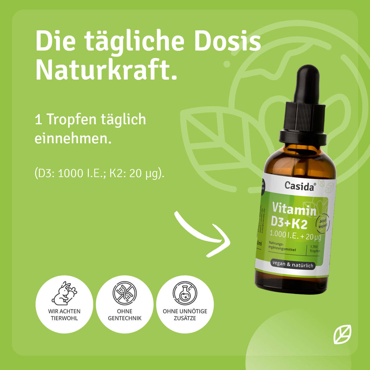 Casida Vitamin D3 + K2 drops, 50 ml bottle with a dropper, green background, vegan label, daily dosage instructions.