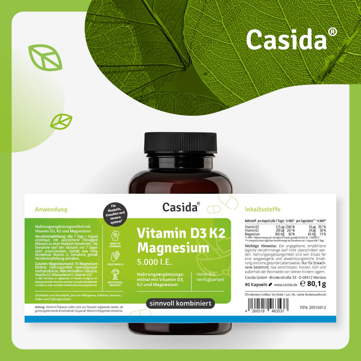 Etikett von Casida Vitamin D3 K2 Magnesium 5.000 I.E. mit Inhaltsstoffen und Einnahmehinweisen
