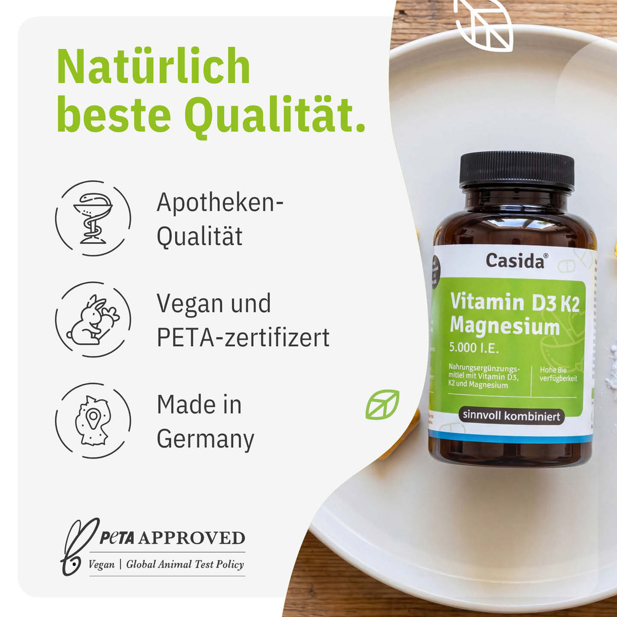Casida Vitamin D3 K2 Magnesium mit Angaben zu veganer Rezeptur und Herstellung in Deutschland