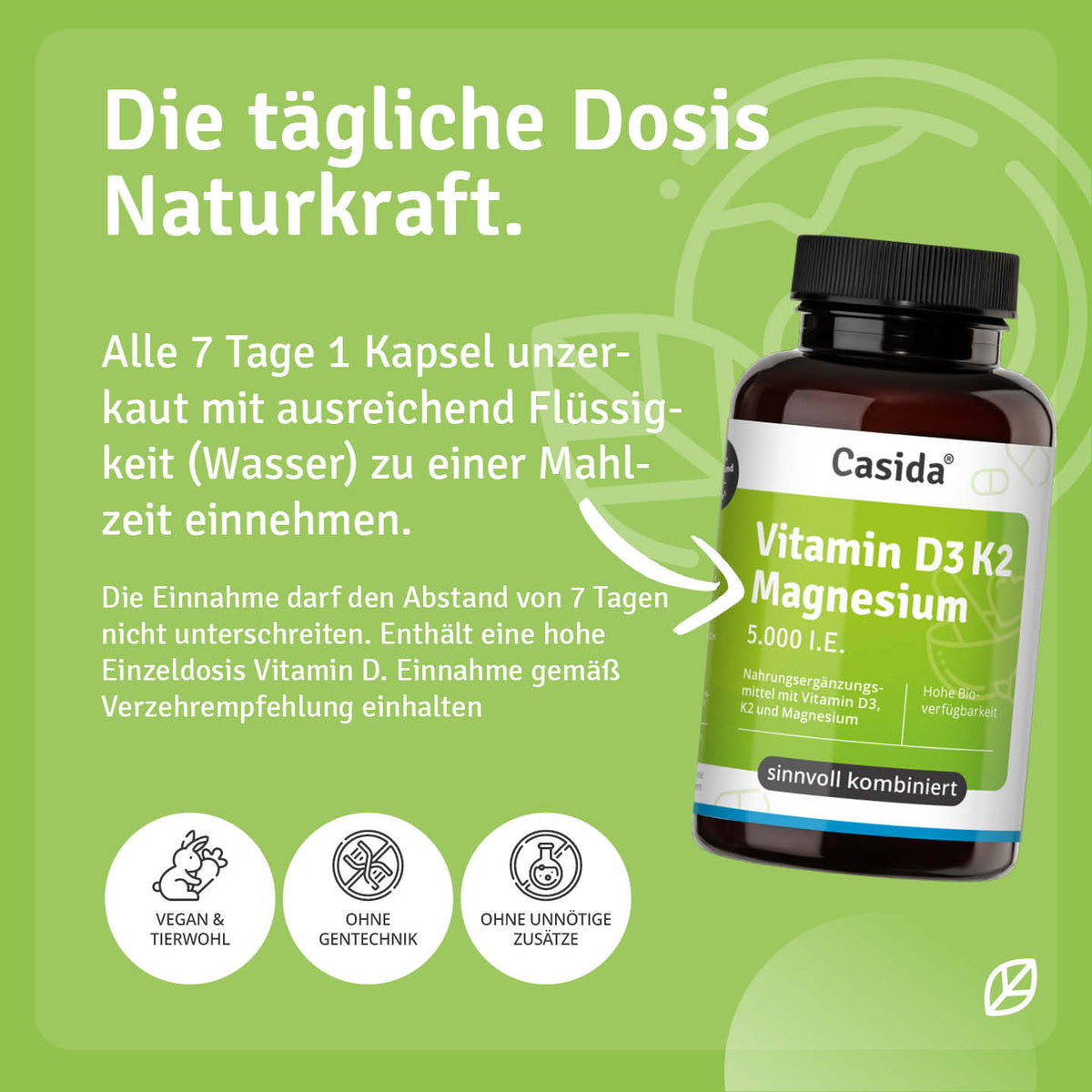 Einnahme- und Sicherheitshinweise für Casida Vitamin D3 K2 Magnesium 5.000 I.E. Kapseln