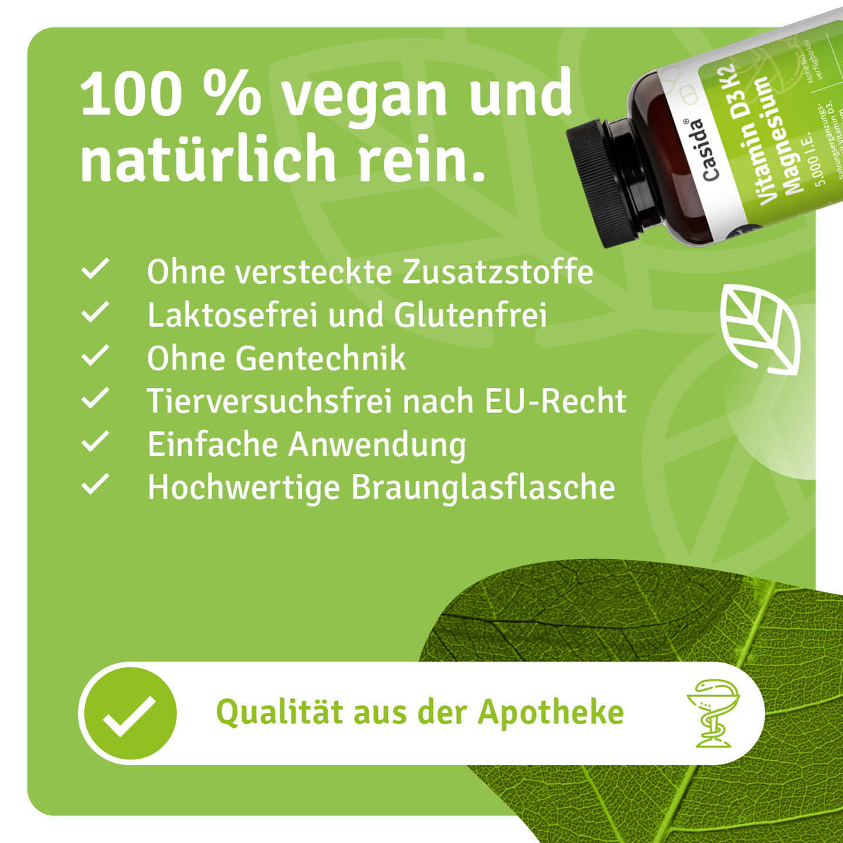 Casida Vitamin D3 K2 Magnesium: Angaben zur veganen Rezeptur und Braunglasverpackung