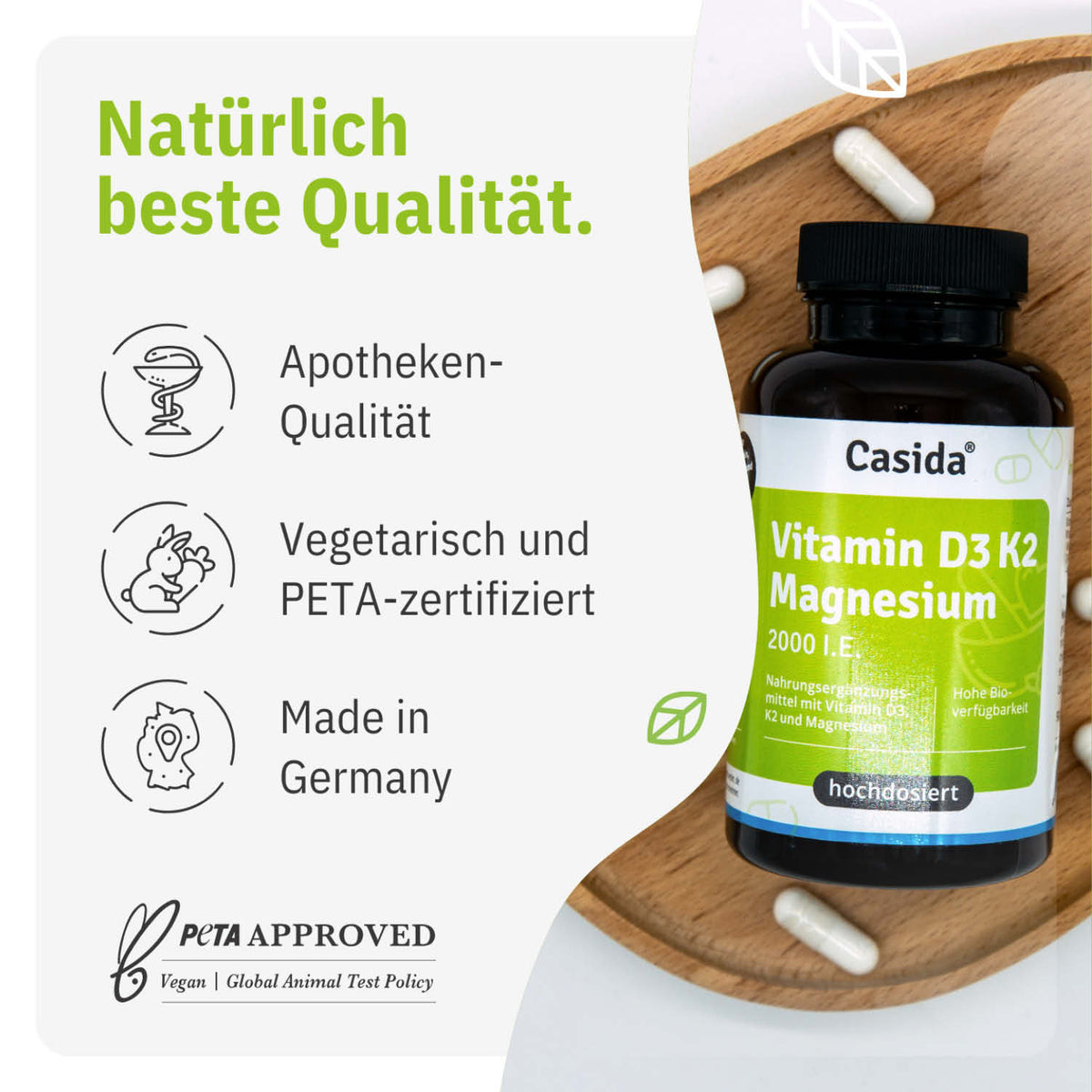 Casida Vitamin D3 K2 Magnesium Kapseln mit Angaben zu vegetarischer Rezeptur und Herstellung in Deutschland