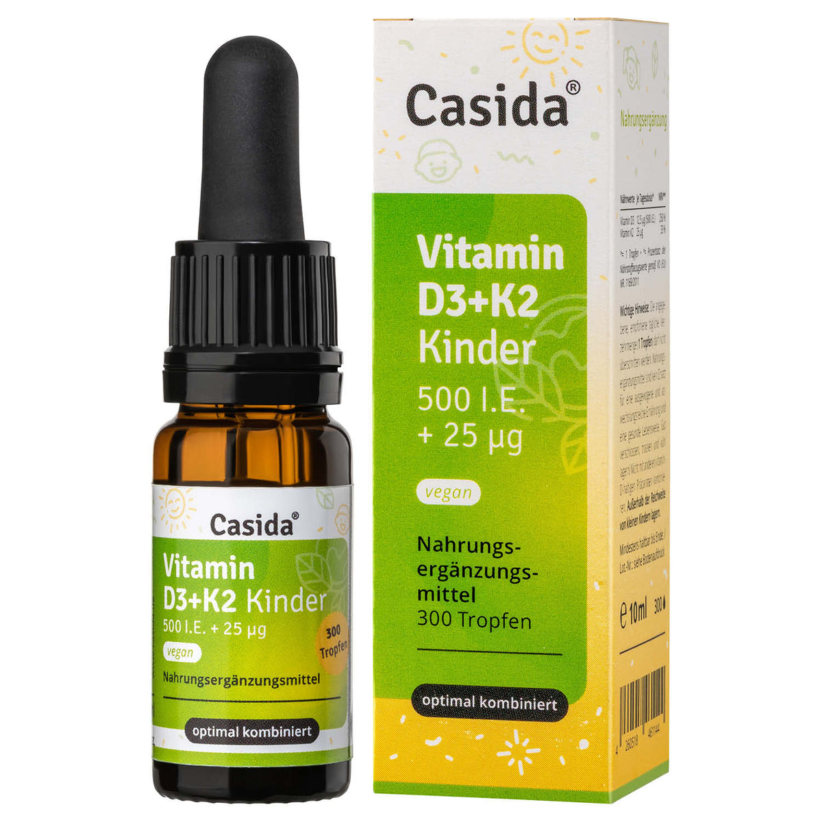 Casida Vitamin D3+K2 Kinder Tropfen in Pipettenflasche mit grün-weißer Umverpackung