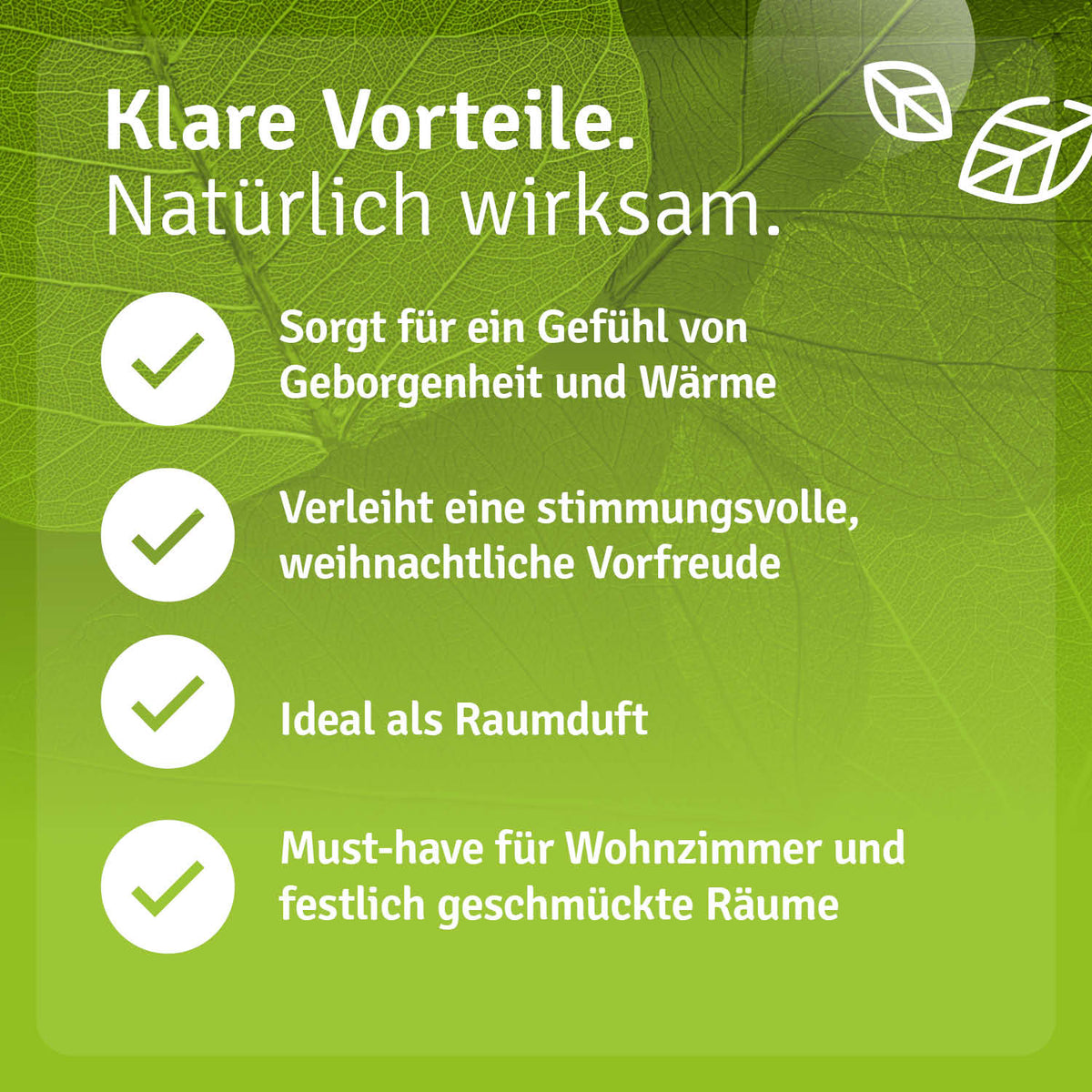 Weihnachten Raumspray in a green background, featuring text about its benefits and festive use for holiday ambiance.
